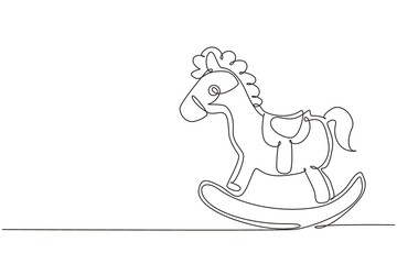 Single continuous line drawing wooden rocking horse chair children. Classic homemade wooden rocking horse for kids. Vintage children horse toy. Dynamic one line draw graphic design vector illustration