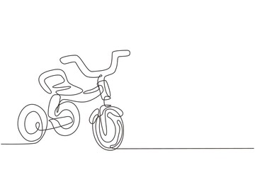 Single one line drawing kids tricycle. Children tricycle transportation. Tricycle, children bicycle. Sketch scratch board imitation. Modern continuous line draw design graphic vector illustration - obrazy, fototapety, plakaty