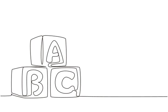 Single one line drawing alphabet cubes with letters ABC. Block building tower. ABC letters building blocks. Alphabet cubes with letters. Modern continuous line draw design graphic vector illustration