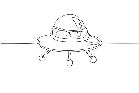 Single continuous line drawing UFO plane toys icon. UFO design concept from Astronomy collection. Cute astronauts flying on UFO spaceship. Dynamic one line draw graphic design vector illustration