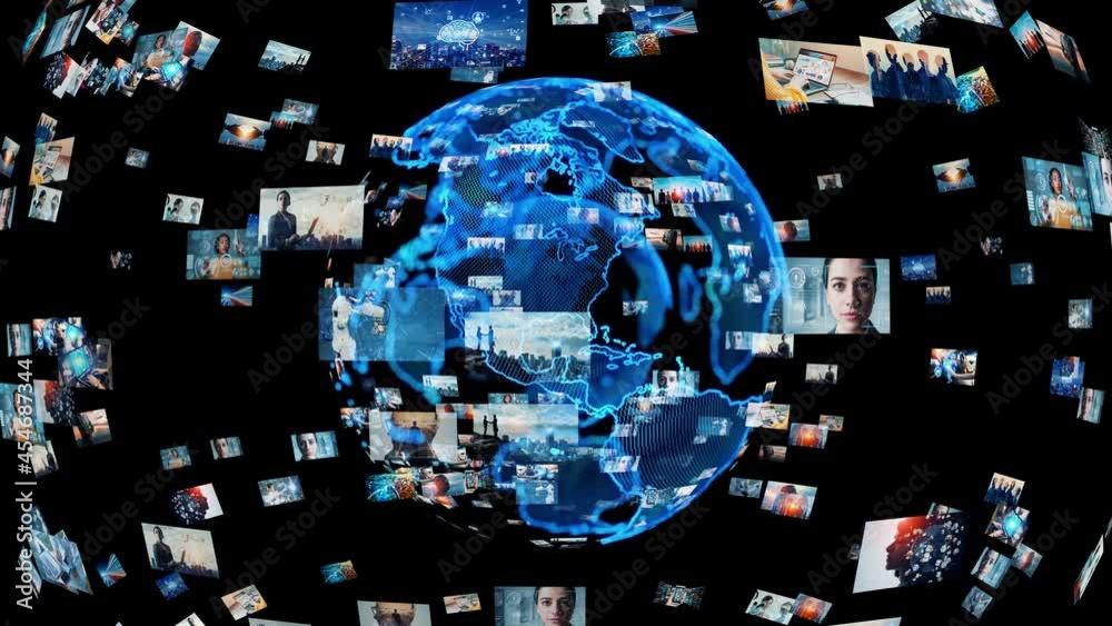 Poster Digital contents concept. Social networking service. Streaming video. Global communication network. 