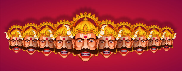 Ten Face of Ravana Shubh Navratri festival, Happy Dussehra, Happy Durga Puja - obrazy, fototapety, plakaty