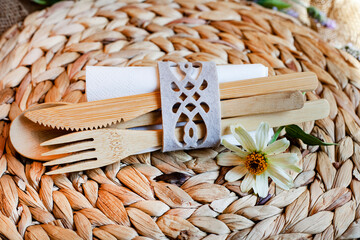 Rustic table with bamboo cutlery