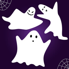 Set of cute halloween ghosts on purple background. Scary and funny. Flat isolated vector illustration.