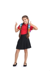 Cute schoolgirl showing thumb-up on white background