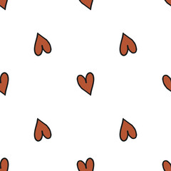 Seamless pattern. Doodle style hand drawn. Nature, animals and elements. Red hearts on a white background.