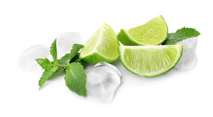 Tasty lime and ice cubes on white background
