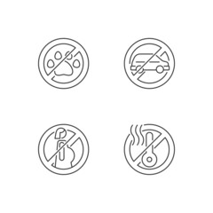 Virtual reality helmet restriction linear manual label icons set. Customizable thin line contour symbols. Isolated vector outline illustrations for product use instructions. Editable stroke