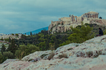 The Acropolis and the Parthenon, Athens, cloudy day.