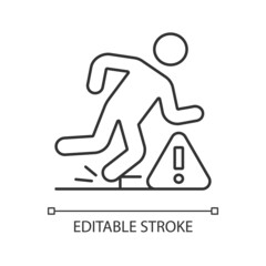 Tripping hazards linear manual label icon. Falling precautions. Thin line customizable illustration. Contour symbol. Vector isolated outline drawing for product use instructions. Editable stroke