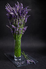Freshly cut lavender bouquet in a glass vase on a slate with black background