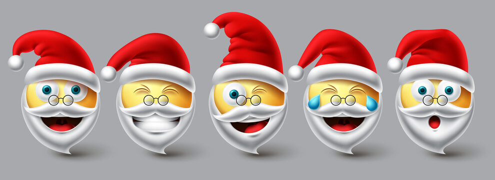 Christmas Santa Emoji Vector Set. Emojis Smiley Santa Claus Wearing Red Hat Icon Collection Isolated In White Background For Xmas Winter Character Design Elements. Vector Illustration.