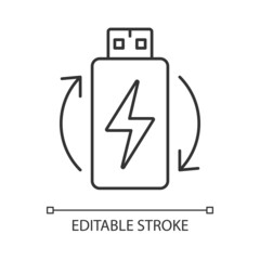 Rechargeable lithium ion battery linear manual label icon. Thin line customizable illustration. Contour symbol. Vector isolated outline drawing for product use instructions. Editable stroke