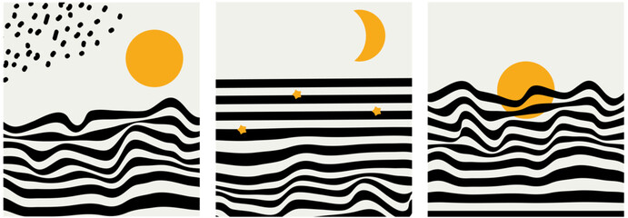 Mid century minimalist wavy retro art with abstract landscapes, sea, sun, stars and moon. Black and yellow vintage striped posters, illustrations with lines and shapes for wall art, posters.