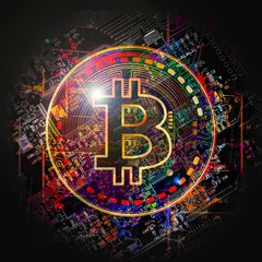 Outdoor kussens colorful bitcoin with bright paint splatters on white background, cryptocurrency concept  © reznik_val