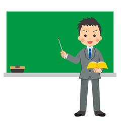 教壇に立って授業をしている学校の先生のイラスト　男性　可愛い　クリップアート　白背景