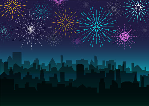 Evening landscape with bright fireworks. Night city skyline with salute. Festive firecrackers over town silhouette background. Holiday cityscape jpeg illustration