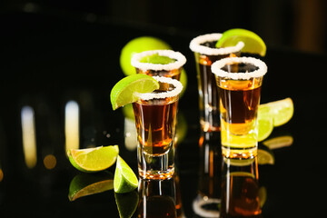 Shots of tasty tequila with lime on dark background