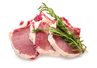 Raw pork steaks with rosemary on white background