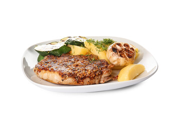 Plate with tasty pork steak and grilled vegetables on white background