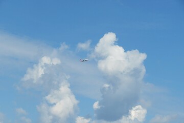 Airplane flying in the sky, on clouds background