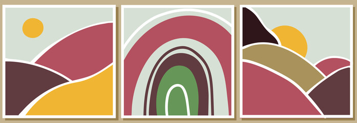 Fototapeta premium Set of minimalist abstract boho landscapes and arch. Trendy childish wall art collection. Flat vector illustration for kids apparel print, card, cover, party invitation design etc