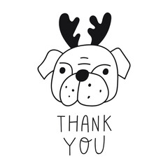 Thank you. Pug with deer horns. 
Christmas concept. Outline vector illustration on white background.