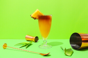 Glass of tasty mai tai cocktail on color background