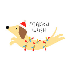 Make a wish. Jumping Dachshund wearing Santa hat and wrapped in garland. Illustration on white background.