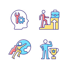 Motivation at work RGB color icons set. Competence and attitude motivation. Desire to lead people. Dream of job promotion. Isolated vector illustrations. Simple filled line drawings collection