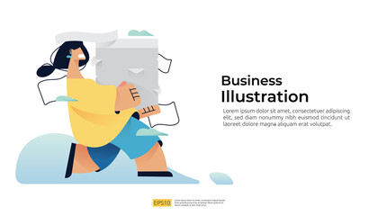 hurry run female character carrying pile stacks of documents. vector illustration concept for bureaucracy, file management, data organization storage, digital archive, time management deadline