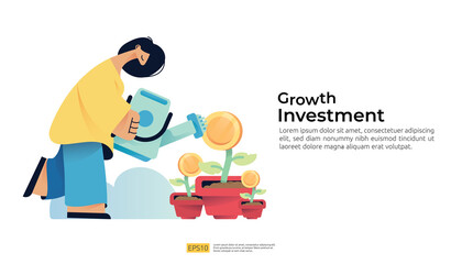 growing investment business with people character watering the money coin plant on pot. wealth and income rise vector illustration. Return on investment ROI and increase profit concept
