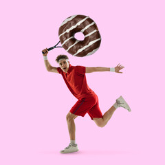 Contemporary art collage of young caucasian tennis player in motion isolated on pink background