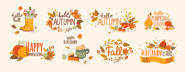 Autumn set of hand drawn phrases with cute and cozy design elements. Fall, Thanksgiving Day, Pumpkin season. Vector illustration 