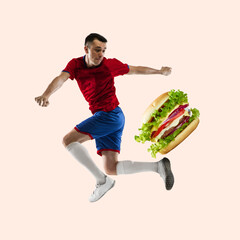 Funny contemporary art collage of young football player on beige background