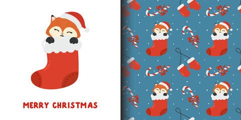 Fototapeta premium Winter seamless pattern and cartoon card with fox, caramel and mittens. Perfect for wrapping paper, greeting cards and seasonal design. Vector illustration. Merry Christmas and Happy New Year