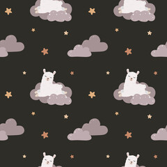 Seamless childish pattern with sleeping llama (alpaca), clouds, stars. Baby texture for fabric, wrapping, textile, wallpaper, clothing. Vector illustration. Good night © Alina