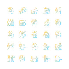 Motivation gradient linear vector icons set. Goal accomplishment. Intrinsic and extrinsic motivation. Force to achieve aim. Thin line contour symbols bundle. Isolated outline illustrations collection