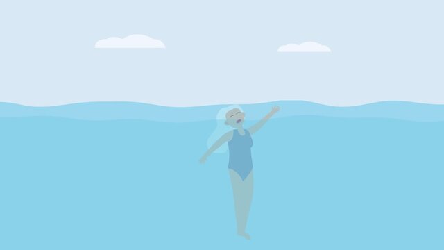 Senior woman drowning on the sea