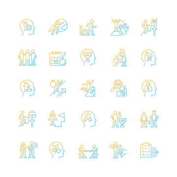 Motivation gradient linear vector icons set. Goal accomplishment. Intrinsic and extrinsic motivation. Force to achieve aim. Thin line contour symbols bundle. Isolated outline illustrations collection