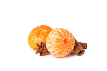 Mandarins and cinnamon isolated on white background