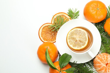 Concept of mandarin tea on white background