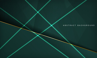 Abstract green luxury overlap layers background with golden line and neon light effect decoration. Modern technology graphic design template elements for poster, flyer, brochure, or banner.
