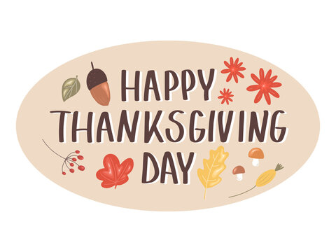 Happy Thanksgiving day lettering with floral design elements. Autumn set with lettering, leaves, berries and an acorn. Vector illustration in hand drawn style - Powered by Adobe
