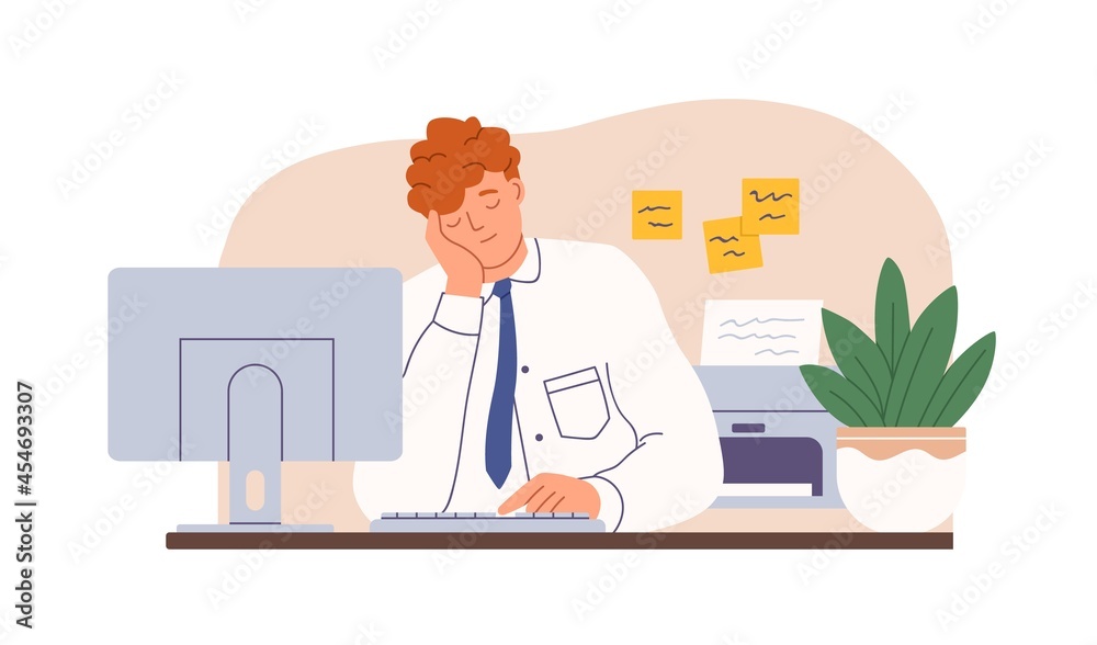 Aufkleber tired sleepy office worker sleeping at work. drowsy man falling asleep at workplace. exhausted emplo