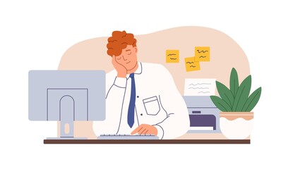 Tired sleepy office worker sleeping at work. Drowsy man falling asleep at workplace. Exhausted employee dozing and dreaming at computer. Flat vector illustration isolated on white background