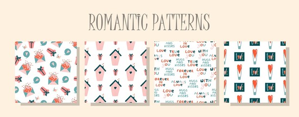Romantic love pattern. A set of patterns in the same style. Valentine's day digital paper. Children's textile design. Seamless design