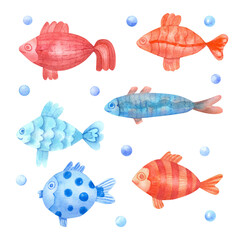 Colorful fish and bubbles set.  Hand painted watercolor illustrations isolated on white background.  Sea and ocean animals theme. Great for kids design.
