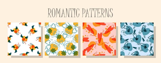 Romantic love pattern. A set of patterns in the same style. Valentine's day digital paper. Children's textile design. Seamless design