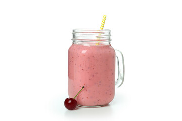 Glass jar of cherry smoothie isolated on white background